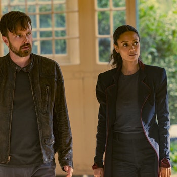 Image may contain: Jacket, Clothing, Apparel, Coat, Thandie Newton, Human, Person, Blazer, and Aaron Paul